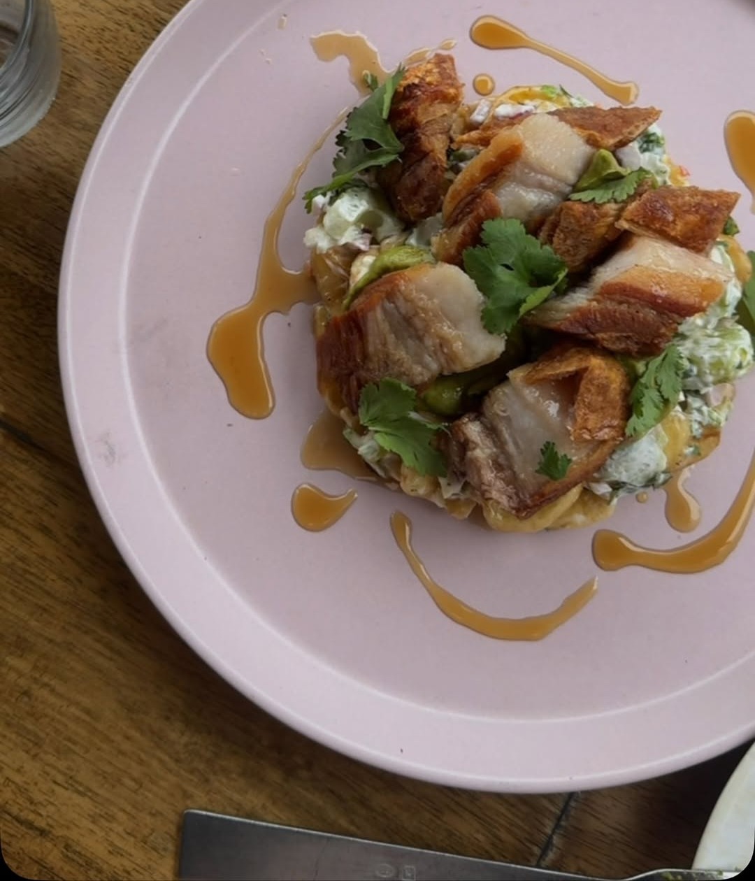The chicharron: mojo cured pork belly with coriander on a pink plate